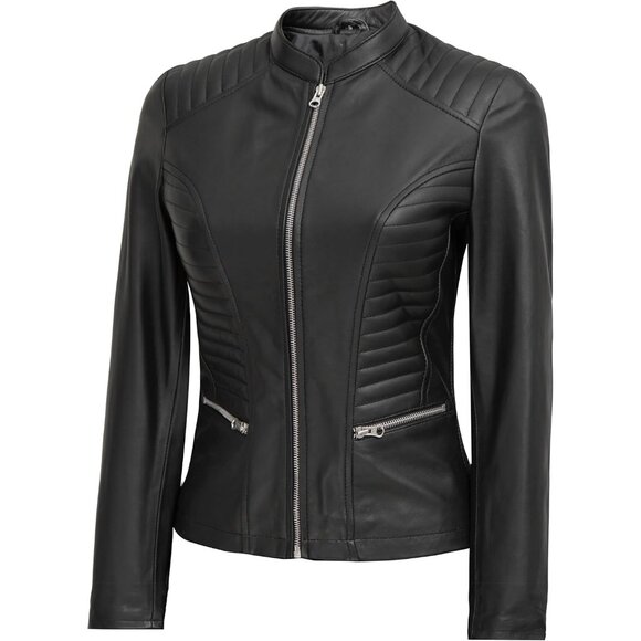 Women's Cafe Racer Style Real Leather Jackets Rachel Black Zipper Long Sleeves - Picture 3 of 6
